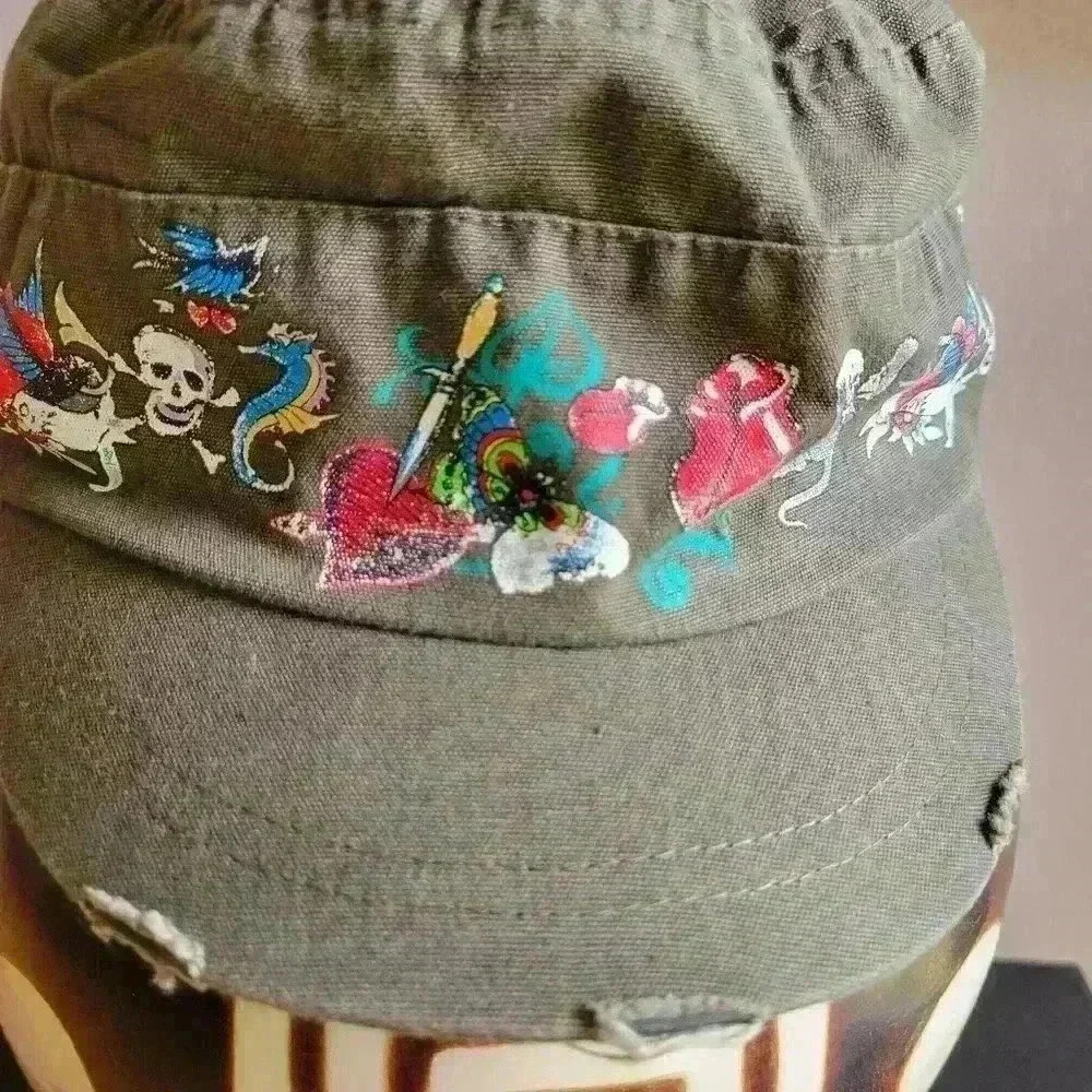 Women Military Cap Light Brown Monkey Butterfly Flowers Hart Seahorses Skulls - Picture 3 of 9